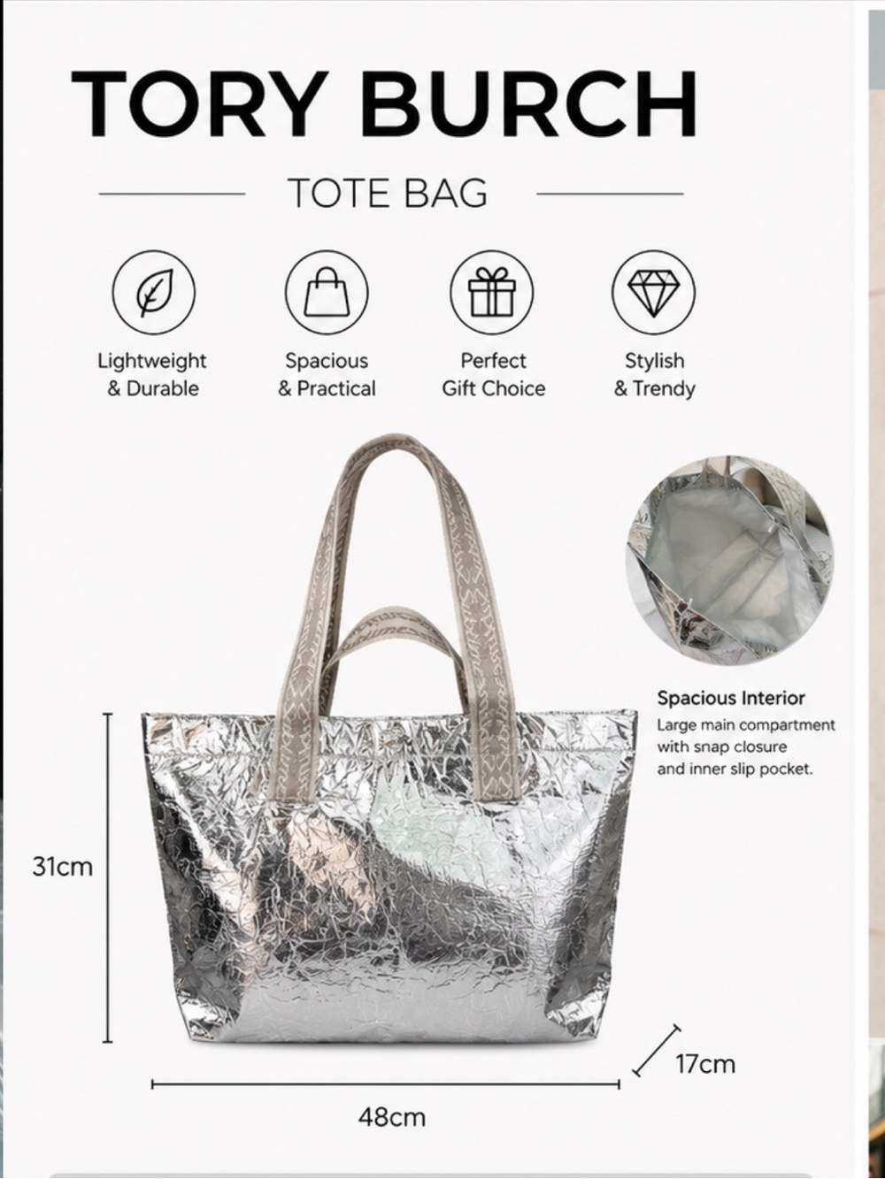 Tory Burch Silver Metallic beauty Tote Bag with Webbing Straps